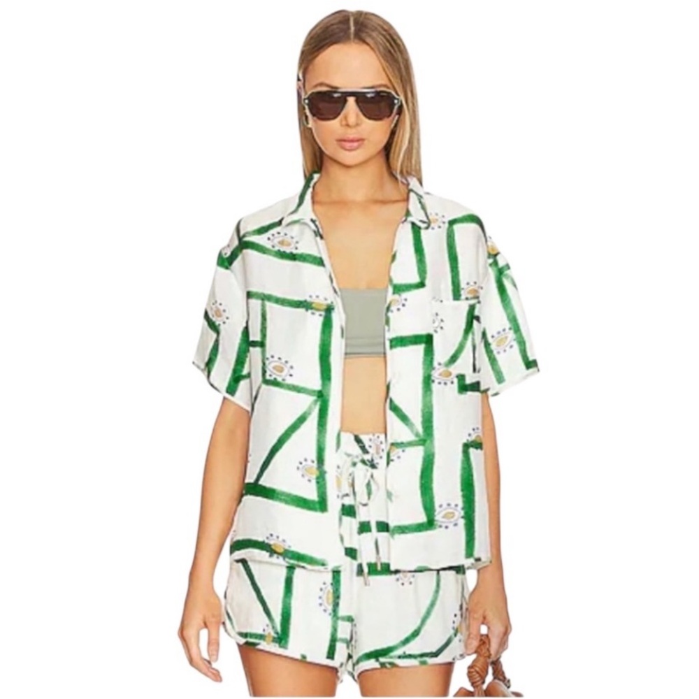 NWT SET Anthropologie Sancia Ayla Linen 2 Piece Short Set in olive green & white - Picture 6 of 15